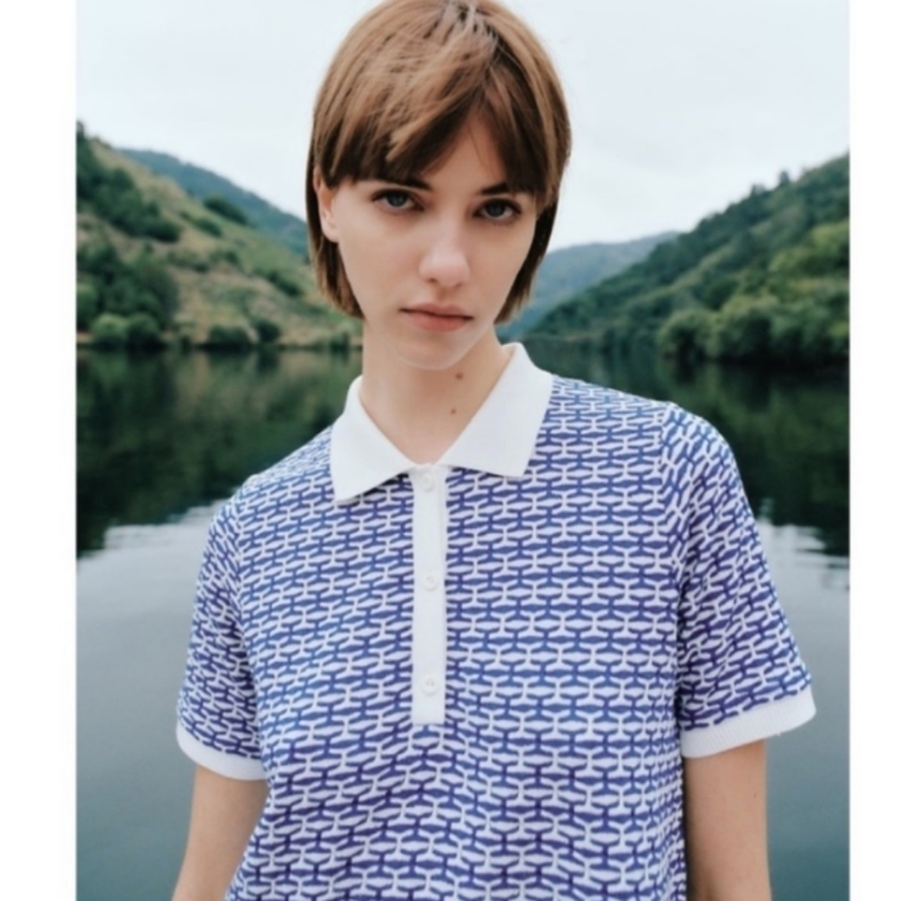 Zara geometric print knit polo blue white medium @E - Picture 2 of 11